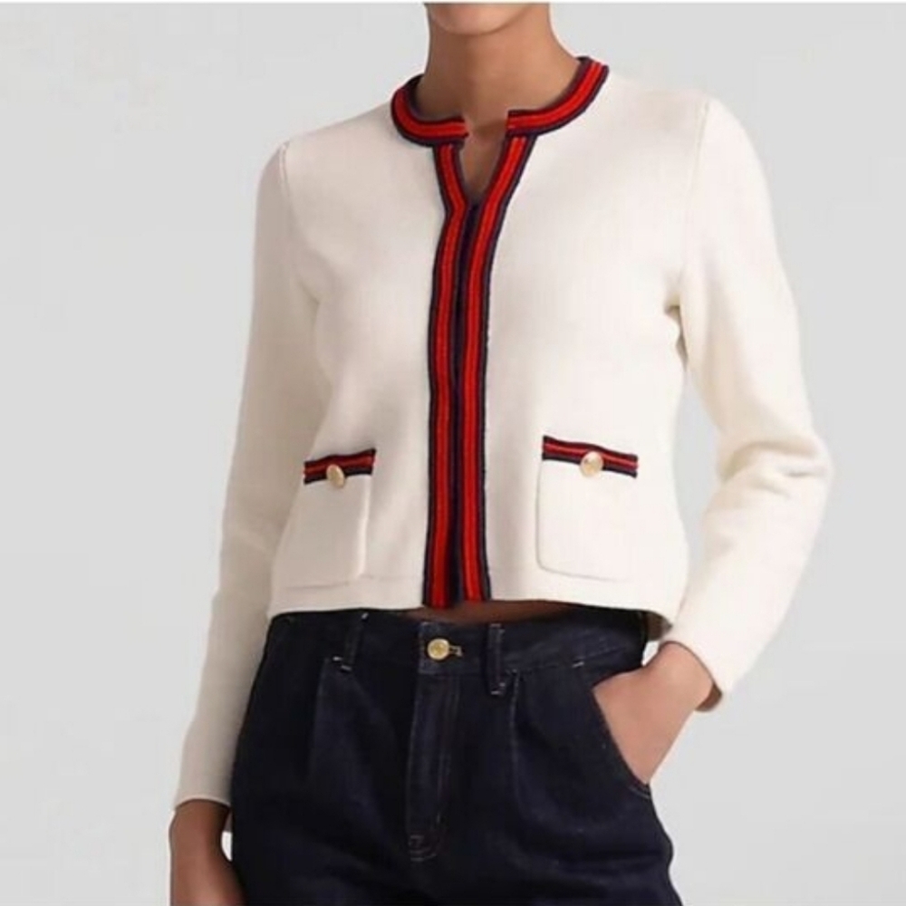 J. Crew Cream Bouclé Cardigan with Navy & Red Trim. Size XXL - Picture 14 of 14